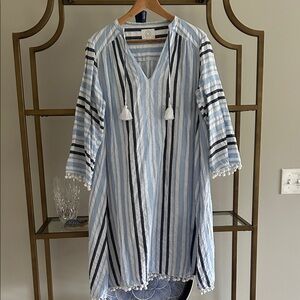 POMEGRANATE Blue and White Striped Linen Tunic Dress